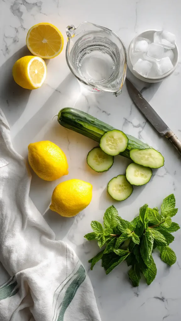 Overhead flat lay of detox water ingredients including lemons, cucumber, mint, and measuring pitcher