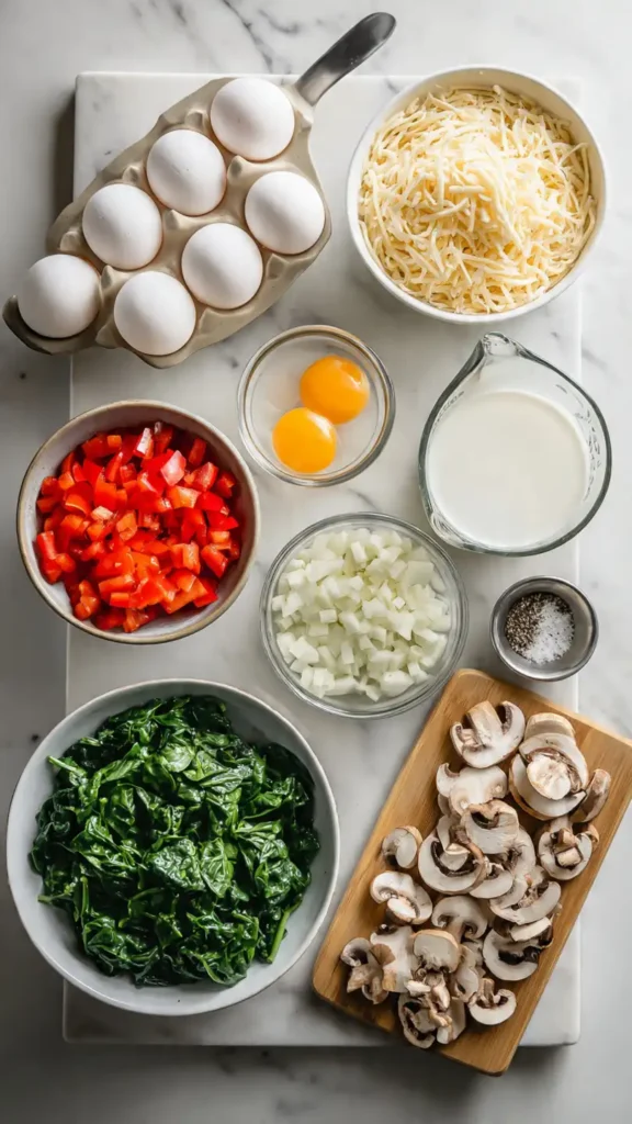 Overhead view of fresh ingredients for veggie frittata muffins including eggs, vegetables, and cheese