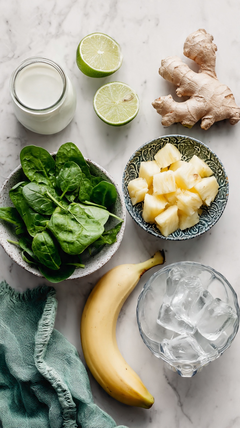 Overhead view of fresh green smoothie ingredients including spinach, pineapple, banana, and almond milk