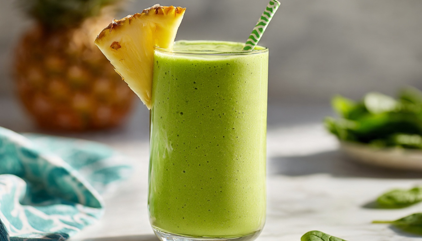 Bright green smoothie in a clear glass with pineapple garnish and striped straw on white marble counter