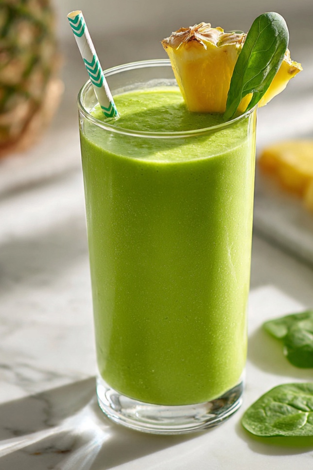 Bright green smoothie in a clear glass with pineapple garnish and striped straw on white marble counter