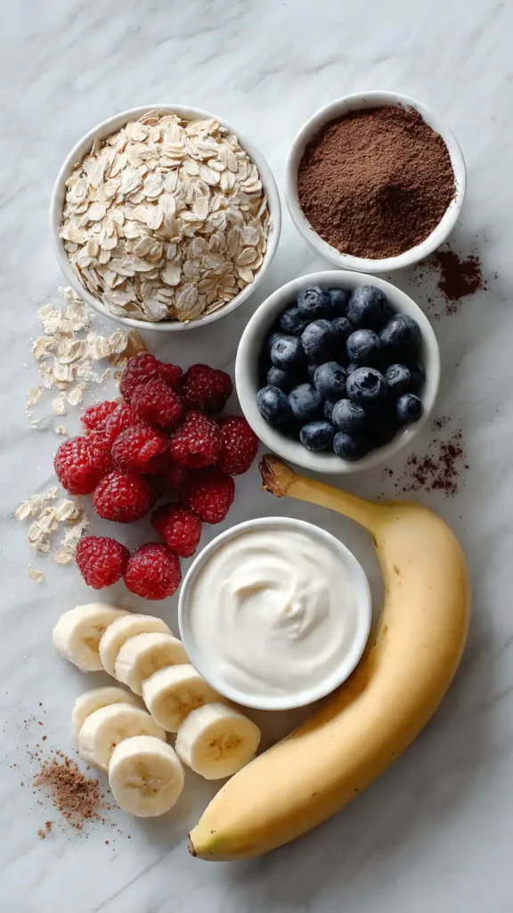 Flat lay of overnight oats ingredients including rolled oats, Greek yogurt, almond milk, bananas, berries, and cocoa powder arranged on white surface
