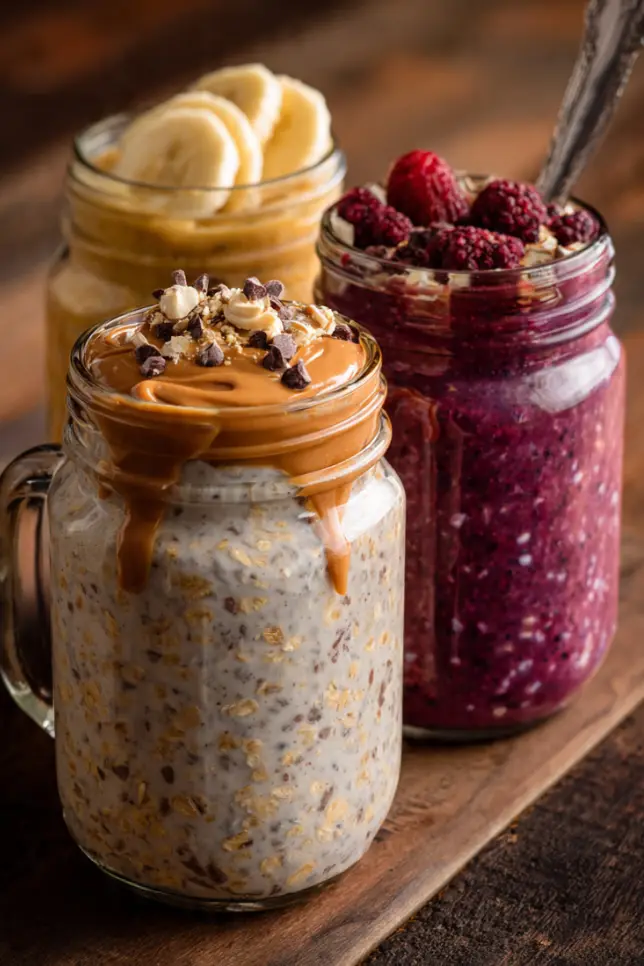 Three glass mason jars filled with overnight oats in different flavors - banana cinnamon, chocolate peanut butter, and berry vanilla