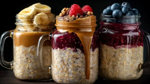 Three glass mason jars filled with overnight oats in different flavors - banana cinnamon, chocolate peanut butter, and berry vanilla