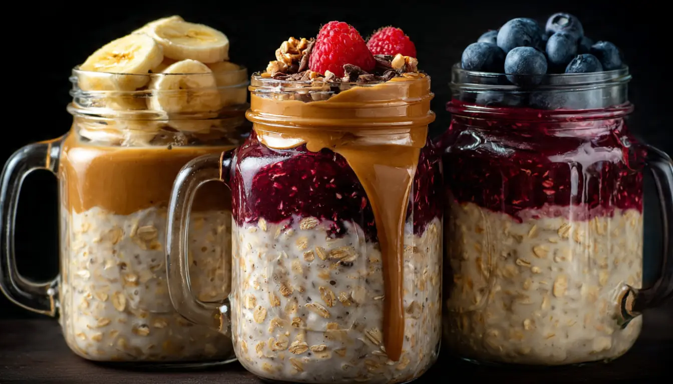 Three glass mason jars filled with overnight oats in different flavors - banana cinnamon, chocolate peanut butter, and berry vanilla