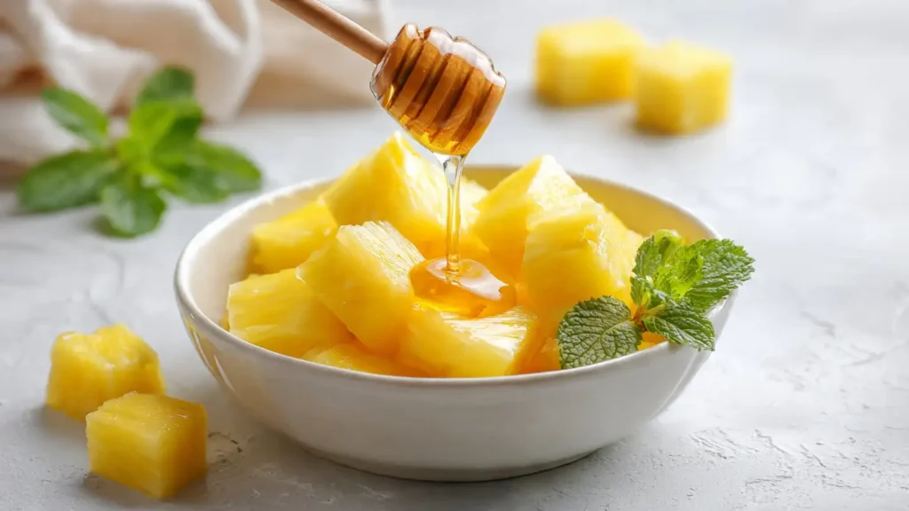 Fresh pineapple chunks drizzled with golden honey in a white bowl