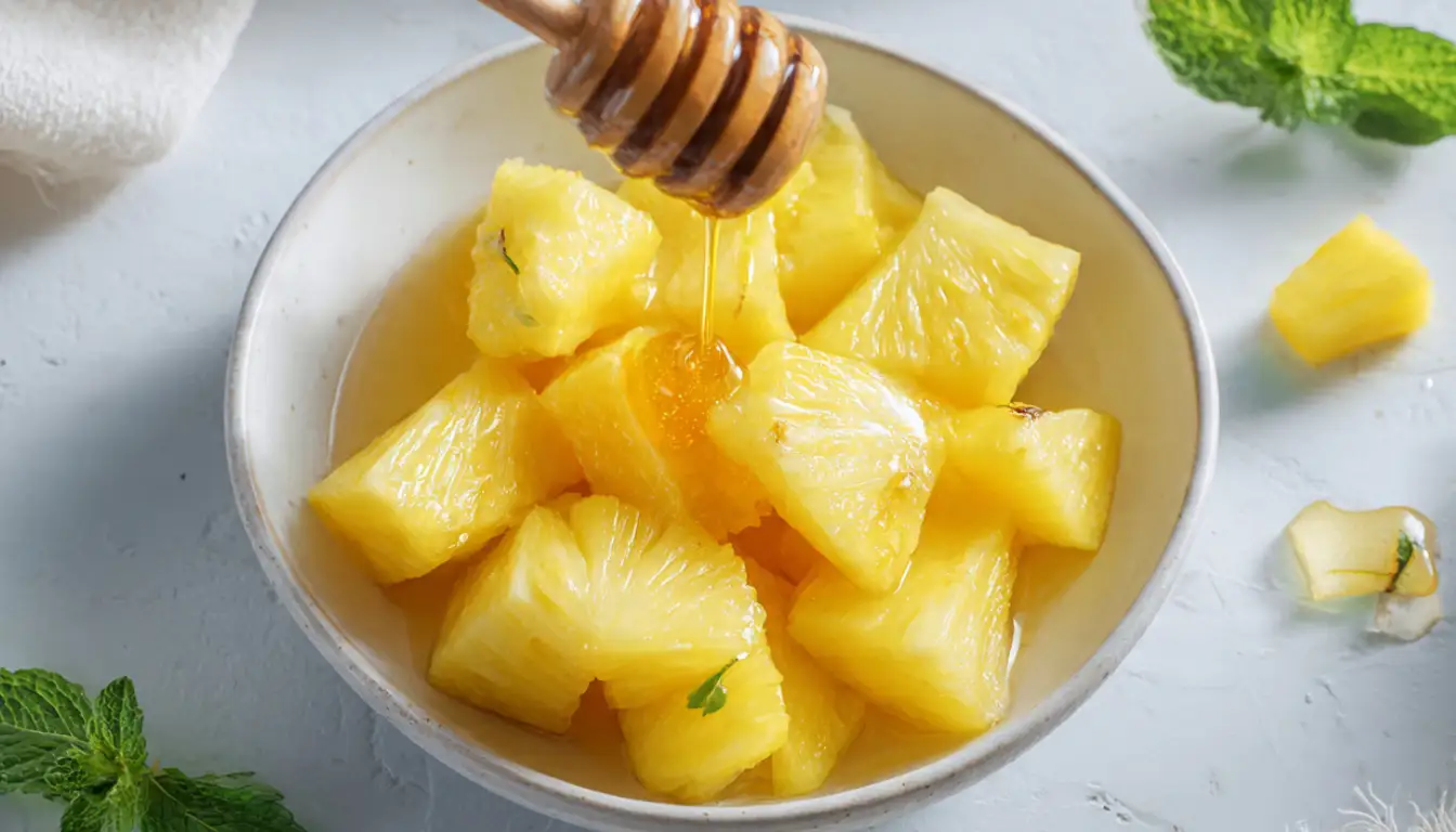 Fresh pineapple chunks drizzled with golden honey in a white bowl