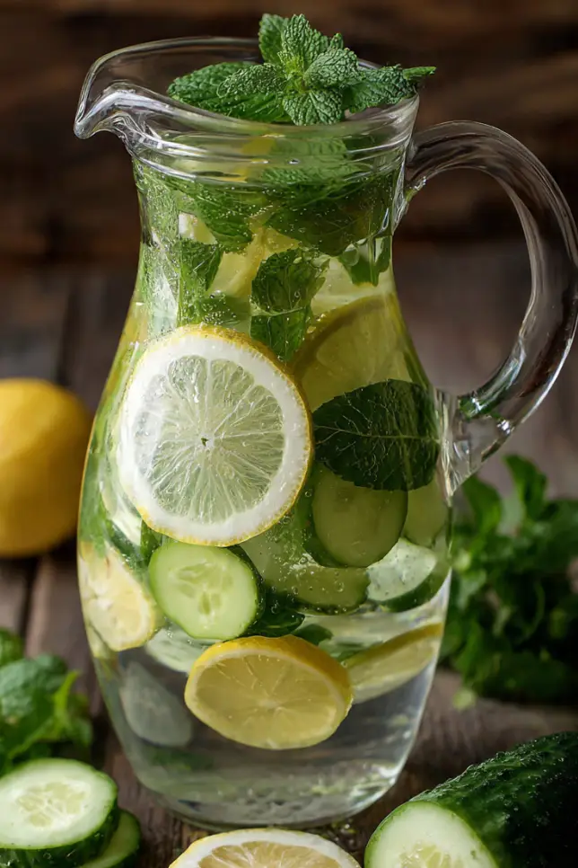 Glass pitcher of summer detox water with lemon slices, cucumber, and fresh mint leaves
