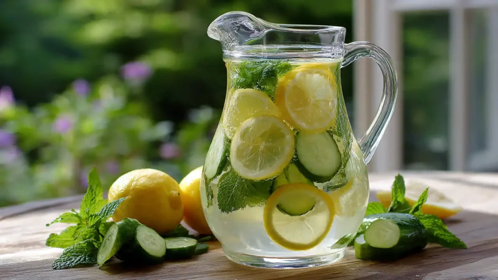 Glass pitcher of summer detox water with lemon slices, cucumber, and fresh mint leaves