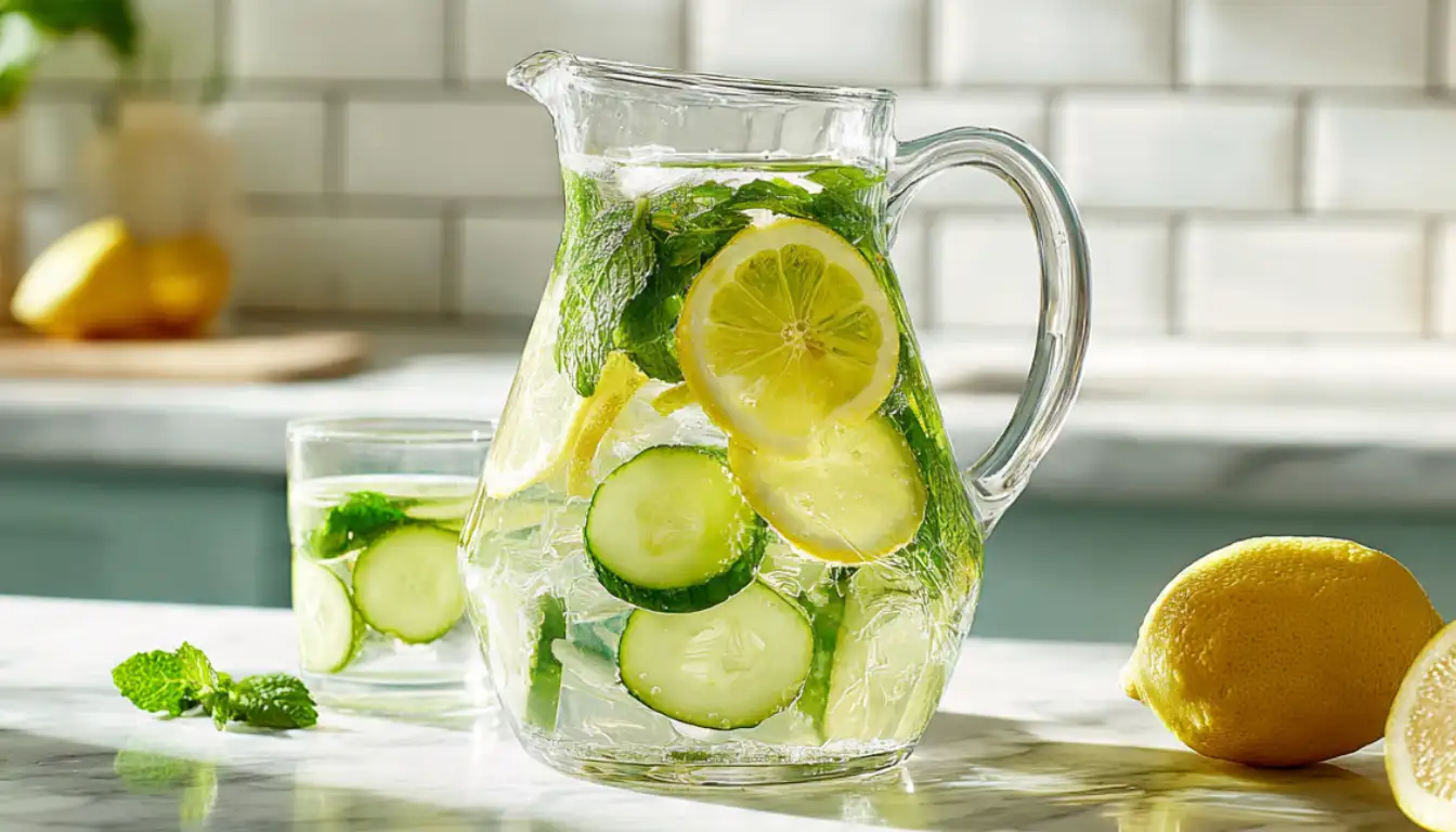 Glass pitcher of summer detox water with lemon slices, cucumber, and fresh mint leaves
