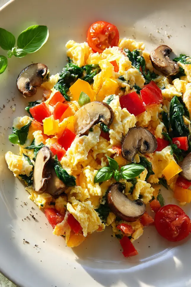 Colorful veggie-loaded egg white scramble on a white plate with fresh herbs