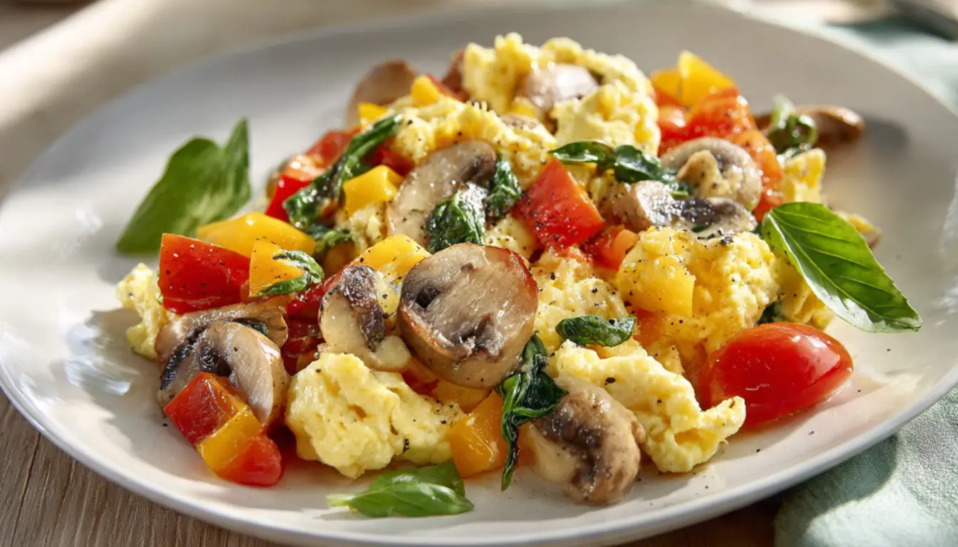 Colorful veggie-loaded egg white scramble on a white plate with fresh herbs