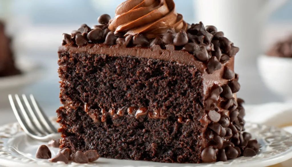 Slice of dense fudgy death by chocolate cake on white cake stand with chocolate chips scattered around