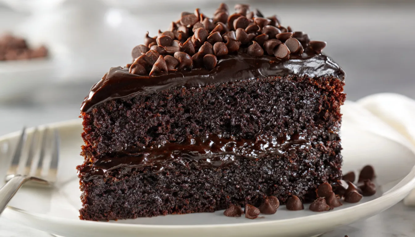 Slice of dense fudgy death by chocolate cake on white cake stand with chocolate chips scattered around