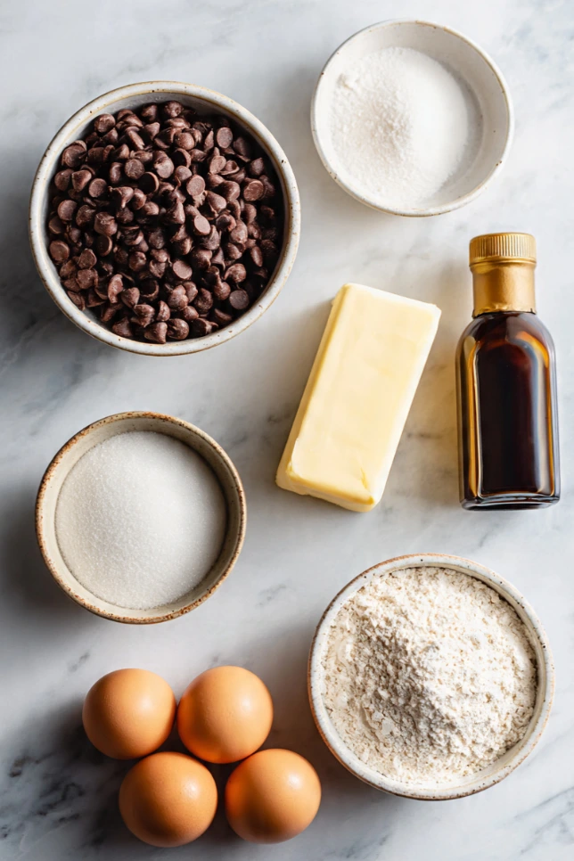 Overhead flatlay of six chocolate cake ingredients including chocolate chips, butter, eggs, sugar, flour, and vanilla on white marble