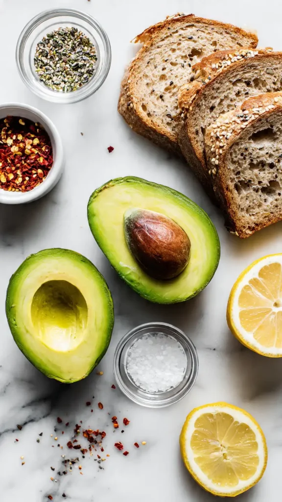 Flat lay of avocado toast ingredients including whole grain bread, avocado, lemon, red pepper flakes, and everything bagel seasoning