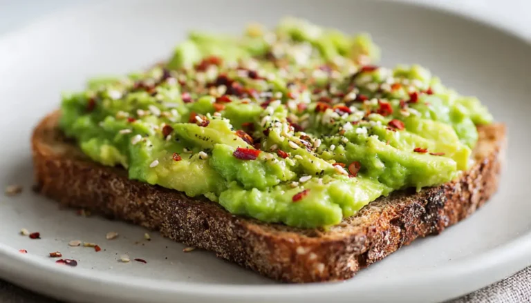 Healthy avocado toast on whole grain bread topped with red pepper flakes and everything bagel seasoning on white plate
