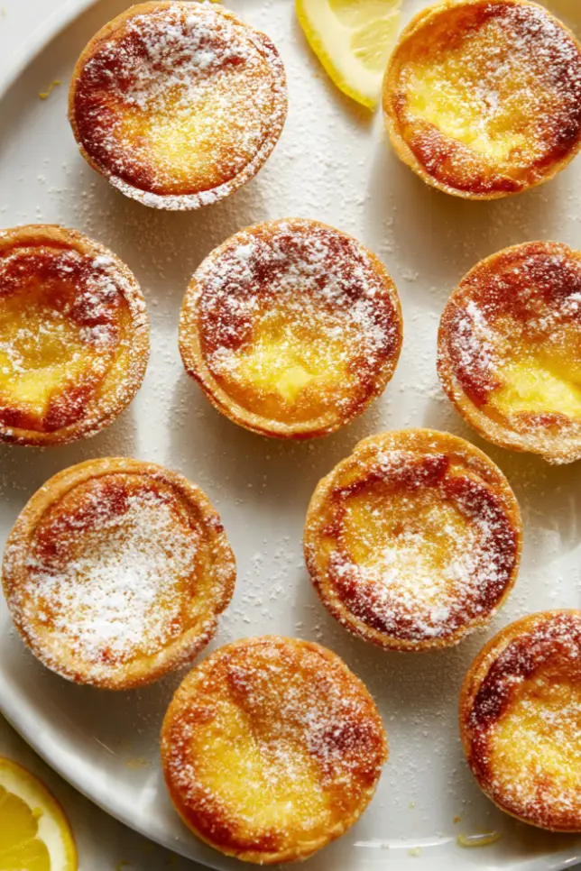 Twelve baby lemon impossible pies dusted with powdered sugar on a white plate with fresh lemon slices