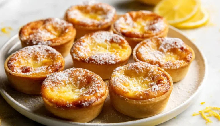Twelve baby lemon impossible pies dusted with powdered sugar on a white plate with fresh lemon slices