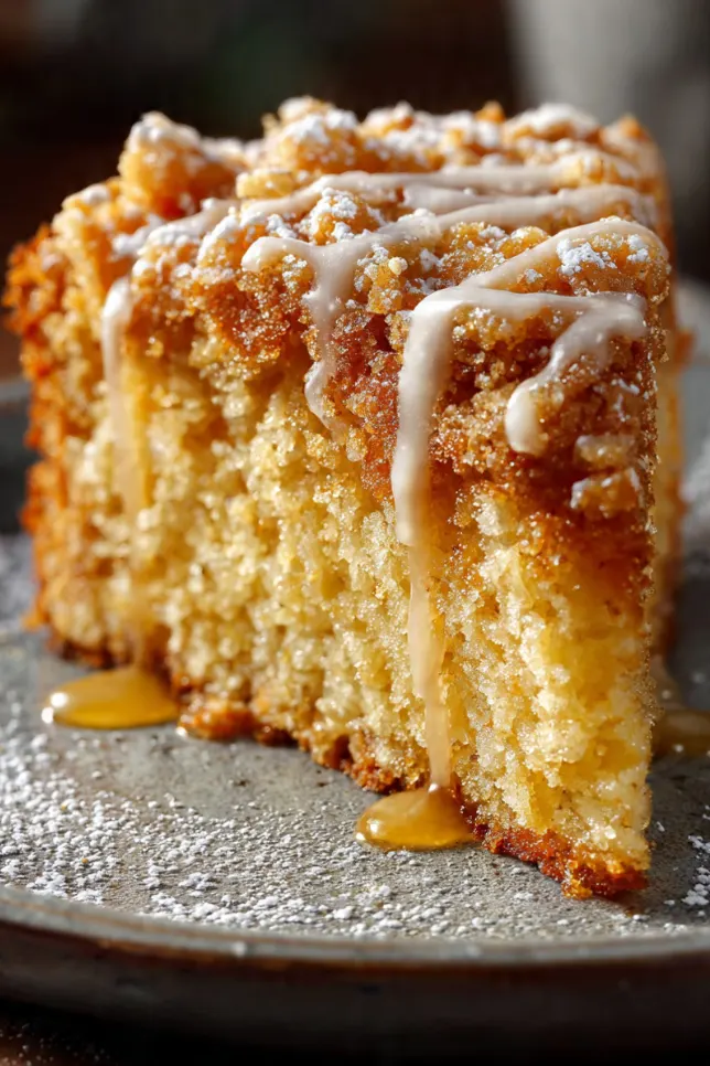 Glossy glazed Mother's Crack Cake bundt with butter-rum glaze dripping down ridged sides on white cake stand