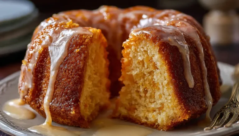 Glossy glazed Mother's Crack Cake bundt with butter-rum glaze dripping down ridged sides on white cake stand