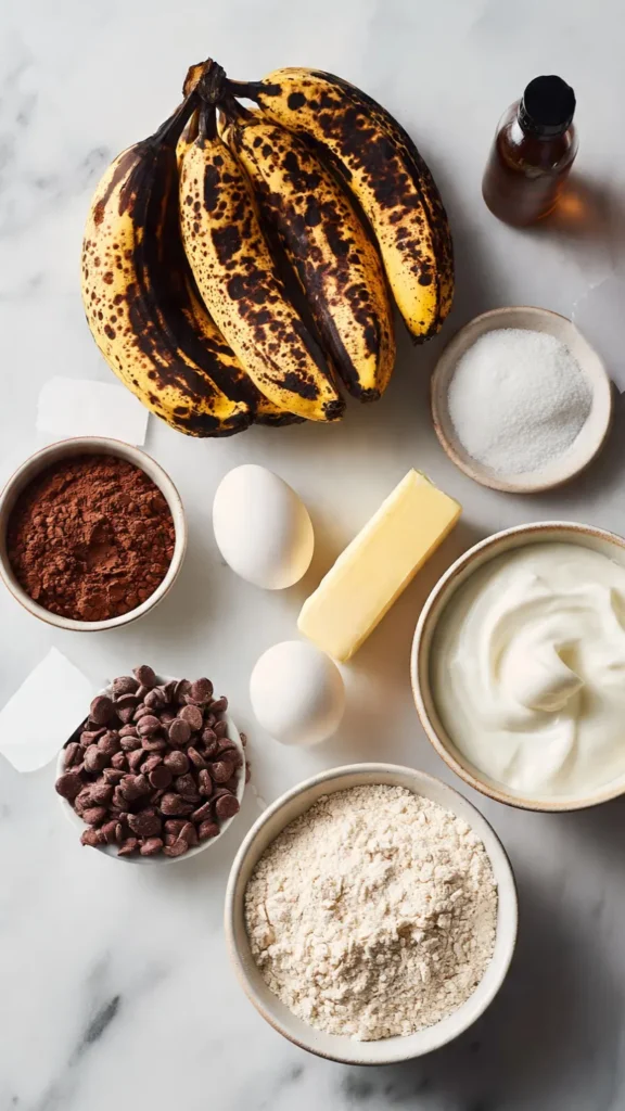 All chocolate banana bread ingredients including overripe bananas, cocoa powder, chocolate chips, eggs, butter, and Greek yogurt arranged on a white marble surface