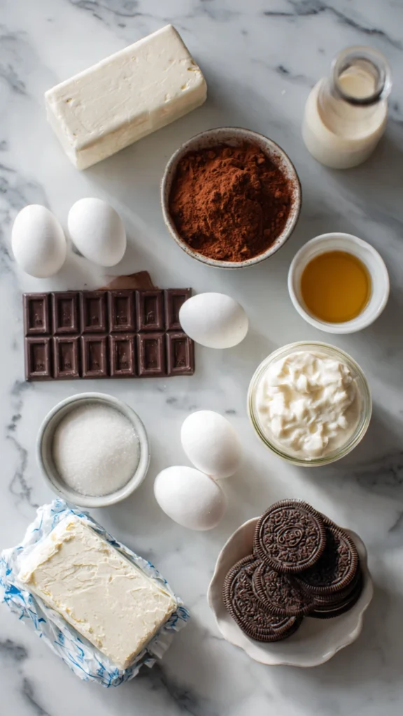 Overhead view of all chocolate cheesecake ingredients laid out on white marble including cream cheese blocks, dark chocolate bar, cocoa powder, eggs, Oreos, sugar, and sour cream