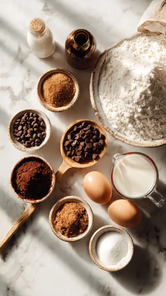 Baking ingredients for double chocolate chip loaf cake arranged on marble including cocoa powder, eggs, buttermilk, and chocolate chips