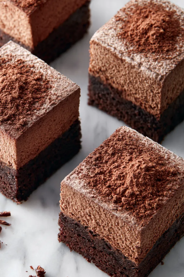 Chocolate mousse brownie squares on white marble with visible fudgy brownie base and chocolate mousse layer