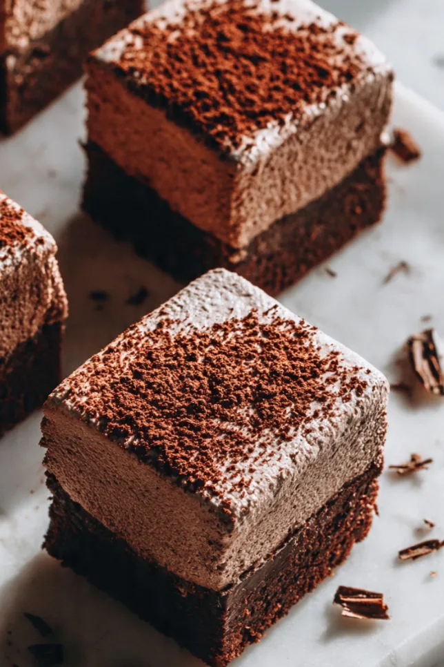 Chocolate mousse brownie squares on white marble with visible fudgy brownie base and chocolate mousse layer
