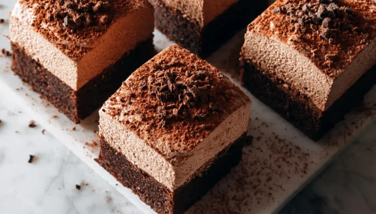 Chocolate mousse brownie squares on white marble with visible fudgy brownie base and chocolate mousse layer
