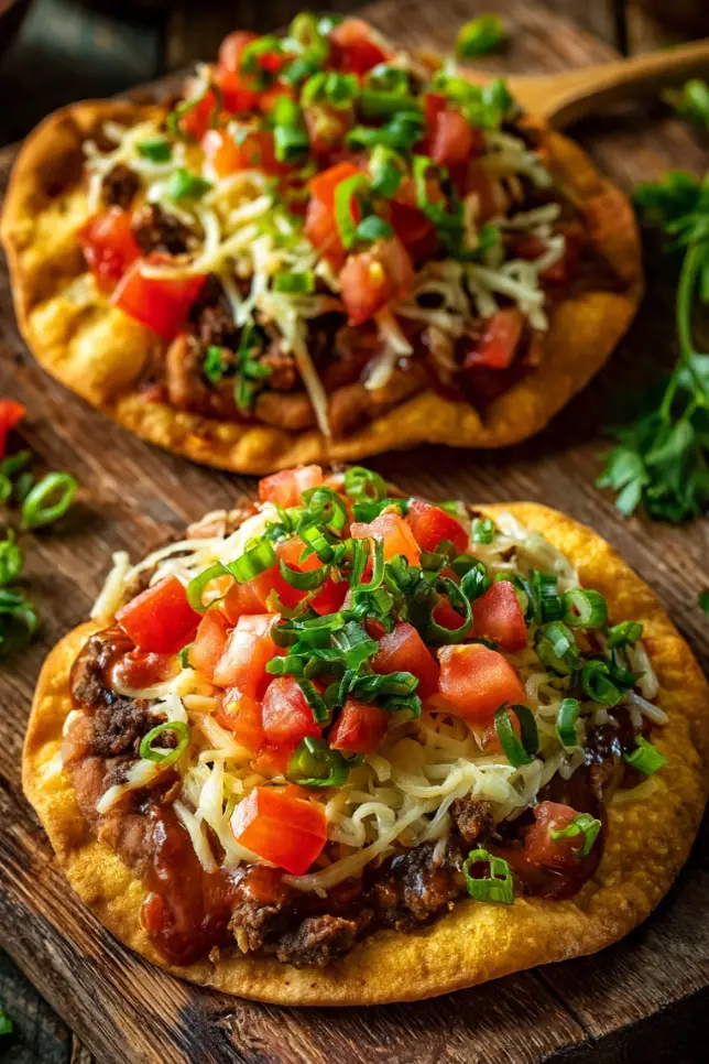 Homemade copycat Taco Bell Mexican pizza with crispy fried tortillas, seasoned beef, melted cheese, tomatoes and green onions on a wooden board
