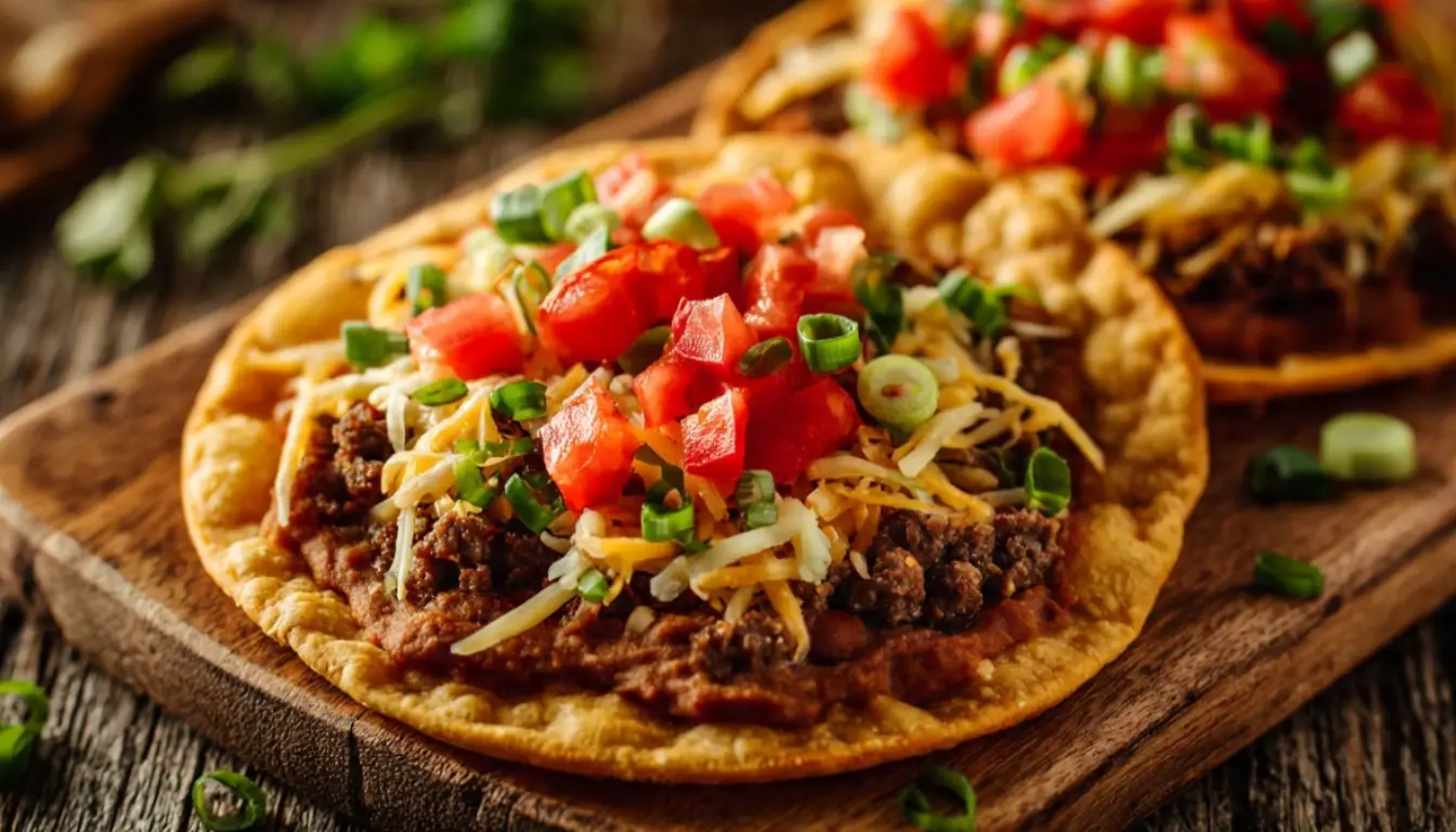Homemade copycat Taco Bell Mexican pizza with crispy fried tortillas, seasoned beef, melted cheese, tomatoes and green onions on a wooden board