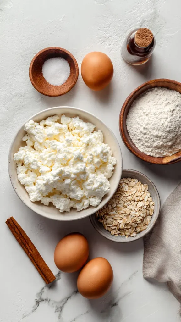 Simple ingredients for making protein-packed cottage cheese pancakes: cottage cheese, eggs, oat flour, vanilla extract, and cinnamon