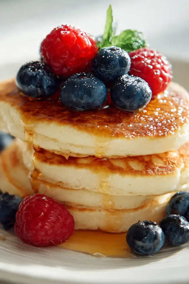 Fluffy cottage cheese pancakes stacked on a plate with fresh berries and maple syrup - a high-protein, low-calorie breakfast at just 190 calories per serving