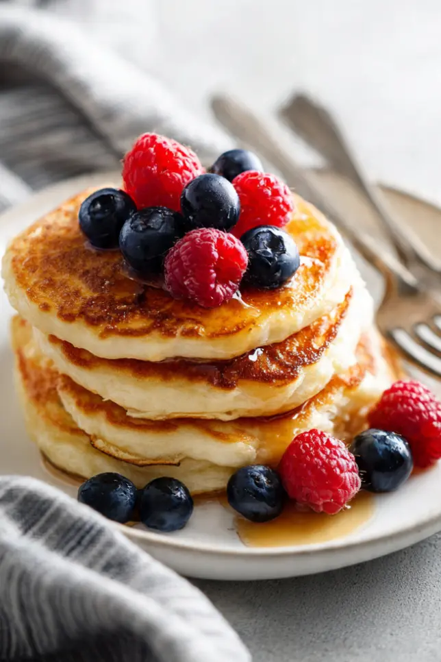 Fluffy cottage cheese pancakes stacked on a plate with fresh berries and maple syrup - a high-protein, low-calorie breakfast at just 190 calories per serving