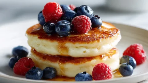 Fluffy cottage cheese pancakes stacked on a plate with fresh berries and maple syrup - a high-protein, low-calorie breakfast at just 190 calories per serving