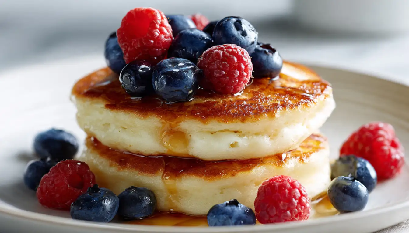 Fluffy cottage cheese pancakes stacked on a plate with fresh berries and maple syrup - a high-protein, low-calorie breakfast at just 190 calories per serving