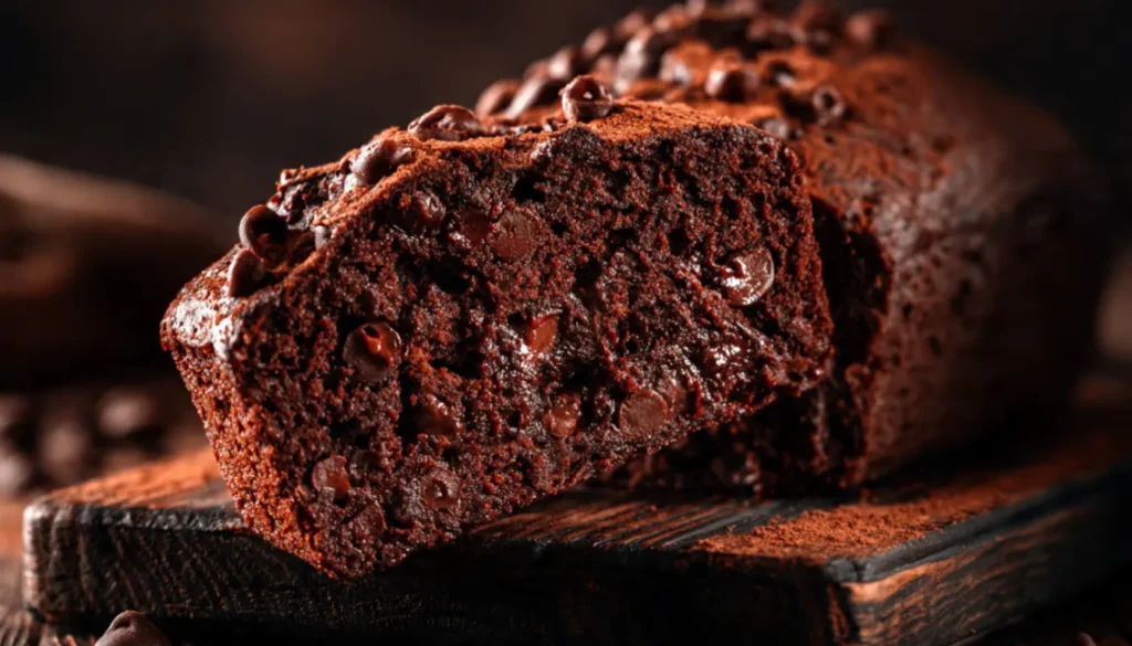 Double chocolate chip loaf cake sliced on a wooden board showing fudgy crumb and chocolate chips