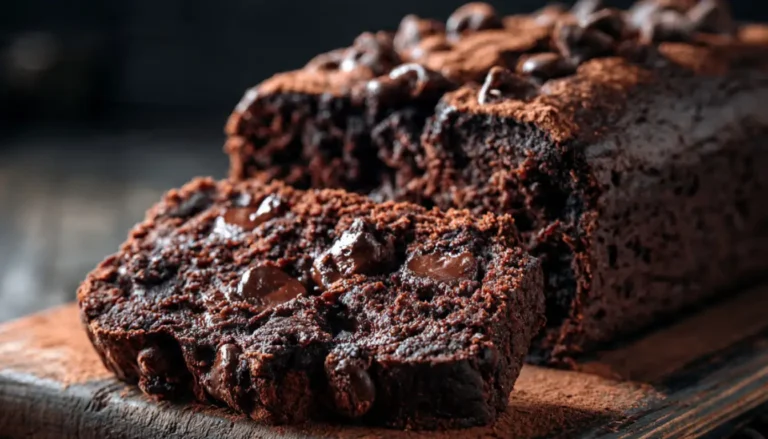 Double chocolate chip loaf cake sliced on a wooden board showing fudgy crumb and chocolate chips