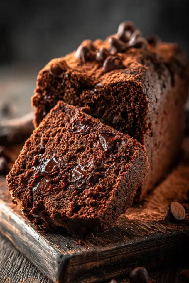 Double chocolate chip loaf cake sliced on a wooden board showing fudgy crumb and chocolate chips