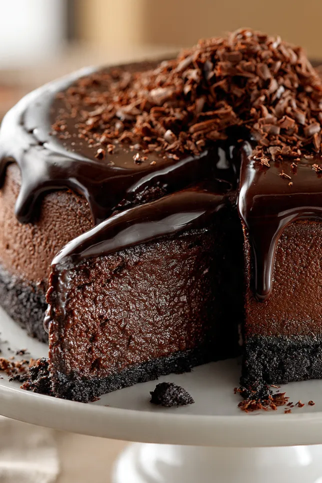 A whole easy chocolate cheesecake topped with shiny dark chocolate ganache and chocolate shavings, with one slice pulled away to show the creamy filling and Oreo crust