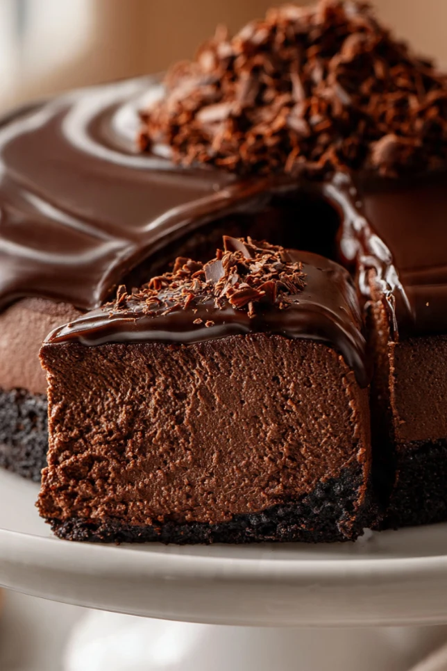 A whole easy chocolate cheesecake topped with shiny dark chocolate ganache and chocolate shavings, with one slice pulled away to show the creamy filling and Oreo crust