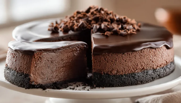A whole easy chocolate cheesecake topped with shiny dark chocolate ganache and chocolate shavings, with one slice pulled away to show the creamy filling and Oreo crust
