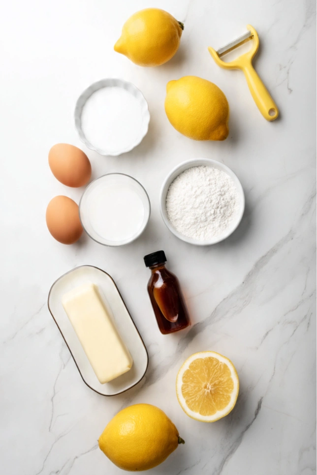 Flat lay of ingredients for baby lemon impossible pies including lemons, eggs, butter, milk, flour and sugar on white marble