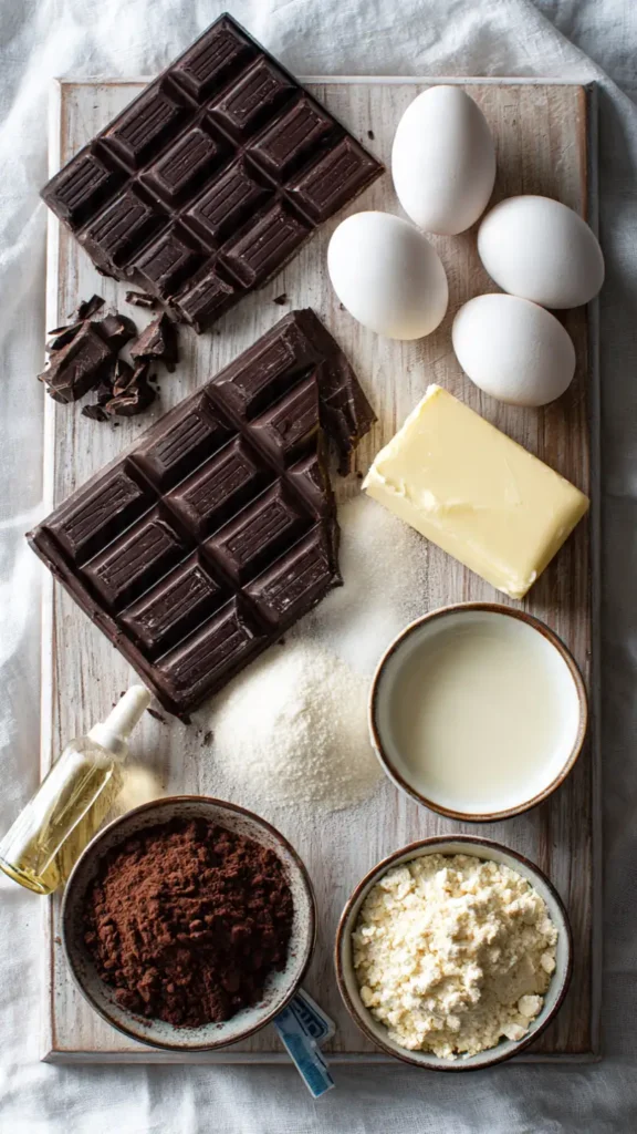 Ingredients for chocolate mousse brownie squares including dark chocolate, eggs, butter, cocoa powder, and heavy cream