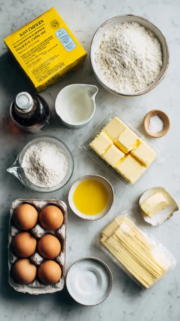 Overhead view of Mother's Crack Cake ingredients including cake mix, pudding mix, eggs, oil, butter, rum, and sugar on marble countertop