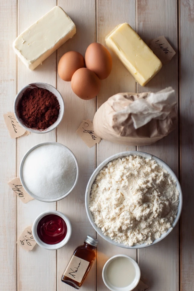Flat lay of red velvet cheesecake brownie ingredients including cream cheese, cocoa powder, eggs, butter, and red food coloring