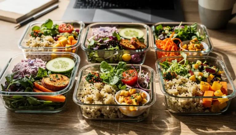 Glass meal prep containers filled with colorful low-calorie lunch recipes on office desk with laptop
