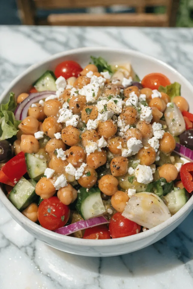 Colorful Mediterranean chickpea bowl with roasted chickpeas, fresh vegetables, feta cheese, and lemon herb dressing - a 380-calorie weight loss meal packed with protein and fiber